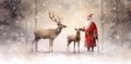 vintage card snow santa christmas greeting claus reindeer illustration sleigh. Generative AI. Royalty Free Stock Photo