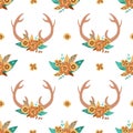 Deer horns pattern. Cute floral antlers in the bohemian style. Hand drawn deer horns background. Vector print.