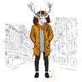 Deer with the human body in a warm jacket. Fashion & Style. Hi