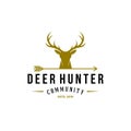 Deer hunter logo, badge, emblem, label design template. vector illustration of deer head silhouette and arrow. hunter club