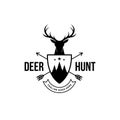 Deer hunter logo, badge, emblem, label design template. vector illustration of deer head silhouette and arrow. hunter club