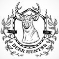 Deer hunter vector label design template. Hand drawn head of deer with leaves and ribbon.Tattoo design element.