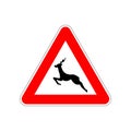 Deer icon on the triangle red and white road sign on white