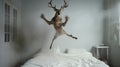 Deer Jumping Above Bed: A Narrative-driven Visual Storytelling With Cryptid Academia Royalty Free Stock Photo