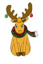 Deer in a knitted red and green scarf with Christmas balls on the horns, graphic color drawing on a white background Royalty Free Stock Photo