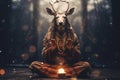 A deer with long hair sitting in a meditation position. Generative AI image.