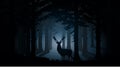 The deer looks at the light in the forest. Fog and shadows from trees. Vector illustration of wild animals in their natural
