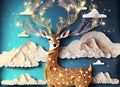 Deer of with a luminous dress, paper cut, Christmas, wind, sky, clouds, stars, Generative AI