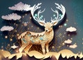 Deer of with a luminous dress, paper cut, Christmas, wind, sky, clouds, stars, Generative AI