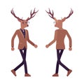 Deer man, elegant mister moose, animal head stylish human walking Royalty Free Stock Photo