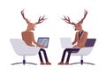 Deer man, mister moose, animal head human sitting with laptop Royalty Free Stock Photo