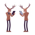 Deer man, mister moose, animal head human standing with tablet