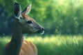 deer in meadow, calmly nibbling on grass