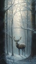 Deer in the misty forest. Winter landscape with a deer Royalty Free Stock Photo