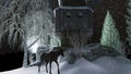 Deer near a winter cottage on the hill against a moonlight sky