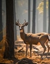 Deer in past and future forest, climate change crisis, global warming impact on nature. Generative AI Royalty Free Stock Photo