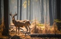 Deer in past and future forest, climate change crisis, global warming impact on nature. Generative AI Royalty Free Stock Photo