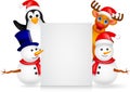 Deer,penguin and snowman with blank sign Royalty Free Stock Photo