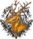 Grunge deer head against black pattern on white