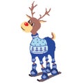 Deer radosnye skiing in a blue sweater and socks drawn in squares, pixels. Vector illustration