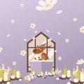 Deer relax in bathroom vectore illustration. Character takes bath with foam. Relaxing atmosphere at home, burning