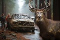 Deer on the road, danger of car accident with forest animal, rainy weather, slippery street, bad sight