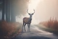 Deer on road scene with misty thicket smoke. Generate ai