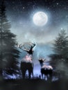 Deer and roe deer under the full blue moon Royalty Free Stock Photo