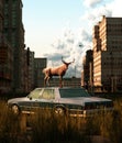 Deer on the roof of an old car parked on the road that filled with grass field in abandoned city