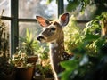 a deer in a room with plants