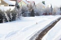 A deer running around the suburbs in the winter after a snowfall. A fairy tale in the city. Royalty Free Stock Photo