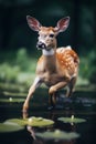 a deer running in water