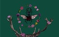 Deer`s antlers, stag beetle, blooming flora on dark green background - hand drawn Royalty Free Stock Photo