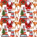 Deer, Santa Claus, Cars and gifts, winter holidays seamless pattern, christmas background, digital paper Royalty Free Stock Photo