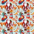 Deer, Santa Claus, Cars and gifts, winter holidays seamless pattern, christmas background, digital paper Royalty Free Stock Photo