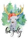 Deer in Santa hat watercolor hand drawn merry christmas illustration