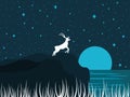 Deer on the shore of the lake. Night river landscape with a full moon. Night starry sky. Vector