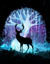 Deer silhouette in front of magic surreal tree in the night. Grunge vector illustration. Suits for poster or background