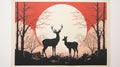 Psychological Phenomena Illustration: Deers And Red Moon In Birch Trees