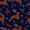 Deer silhouette on a seamless pattern. Red animals on a blue background with snowflakes. Vector illustration. Royalty Free Stock Photo