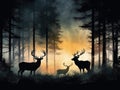 Deer silhouettes in a misty forest