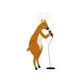 Deer Singing with Microphone, Cute Cartoon Animal Singer Character Playing Musical Instrument Vector Illustration