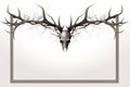 a deer skull with antlers in a frame on a white background