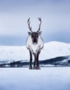 Deer on the sky background during sunset. Animals in wildlife. Winter landscape during sunset with deer.