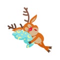 Deer Sleeping on Pillow Isolated. Reindeer Sleeps