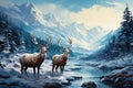 Deer in the snow landscape background Royalty Free Stock Photo