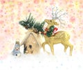 Deer, snowman and house on sparkle Xmas background