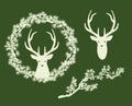 Deer stag head and winter season wreath frame made of green pine tree branches vector design set