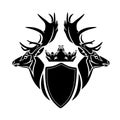 Deer stag heads and heraldic shield with royal crown black and white vector decor Royalty Free Stock Photo