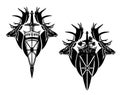 Deer stag heads and royal heraldic shield with crown and sword black and white vector design set Royalty Free Stock Photo